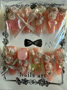 Peach Pink 3D Floral Rhinestone Press-On Nails